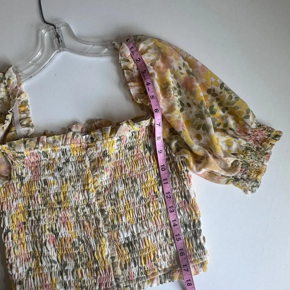 Astr Pastel Floral Smocked Square-Neck Blouse in Yellow and Pink